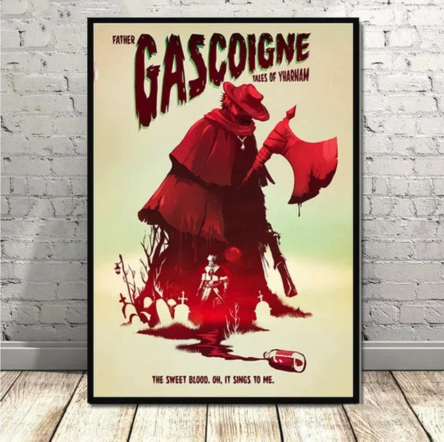 A framed beige canvas cartoon poster of father gascoigne with bloody axe for dark souls game music abysswalker wall art