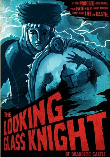 The souls game music poster features a dark giant canvas cartoon knight with child on shoulder in stormy blue abysswalker wall art