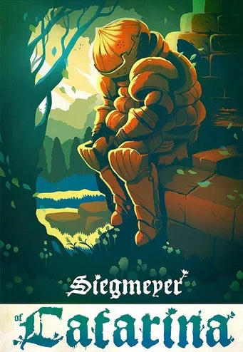 A golden armored knight in a stylized illustration sits on ancient stone ruins in a giant canvas cartoon abysswalker wall art