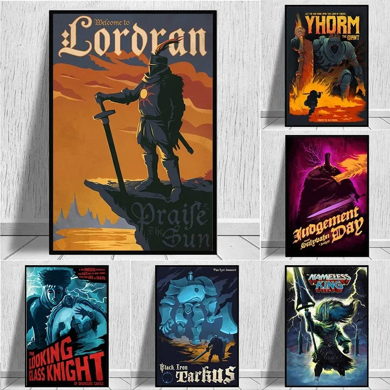 Set of six framed dark souls game music posters featuring giant canvas cartoon abysswalker wall art for home decor