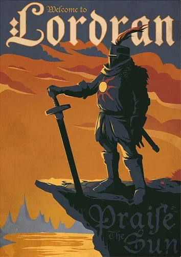 Stylized dark souls game music poster featuring yhorn the giant in dark armor with glowing sun emblem giant canvas cartoon abysswalker wall art