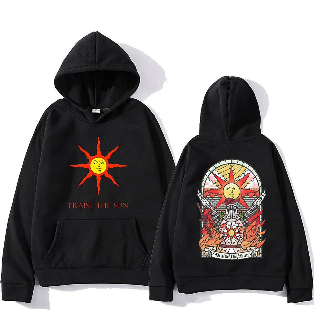 Black hoodie with dark souls praise sun printed front text and stained-glass sun armor design on back casual pullover autumn