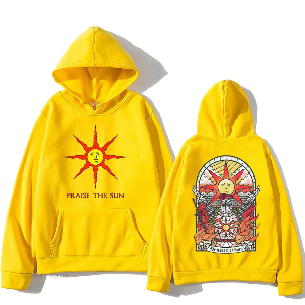 Bright yellow dark souls praise pullover autumn hoodie with sun printed front and stained glass sun design back view