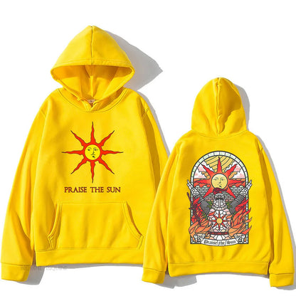 Bright yellow dark souls praise pullover autumn hoodie with sun printed front and stained glass sun design back view