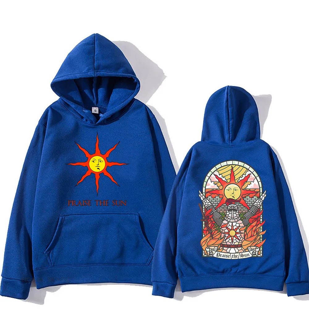 Royal blue dark souls praise hoodie with vibrant sun printed front and stained-glass back for casual pullover autumn wear