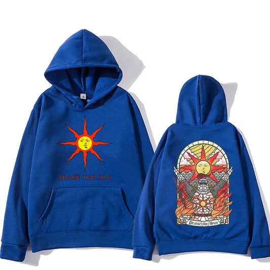 Royal blue dark souls praise hoodie with vibrant sun printed front and stained-glass back for casual pullover autumn wear