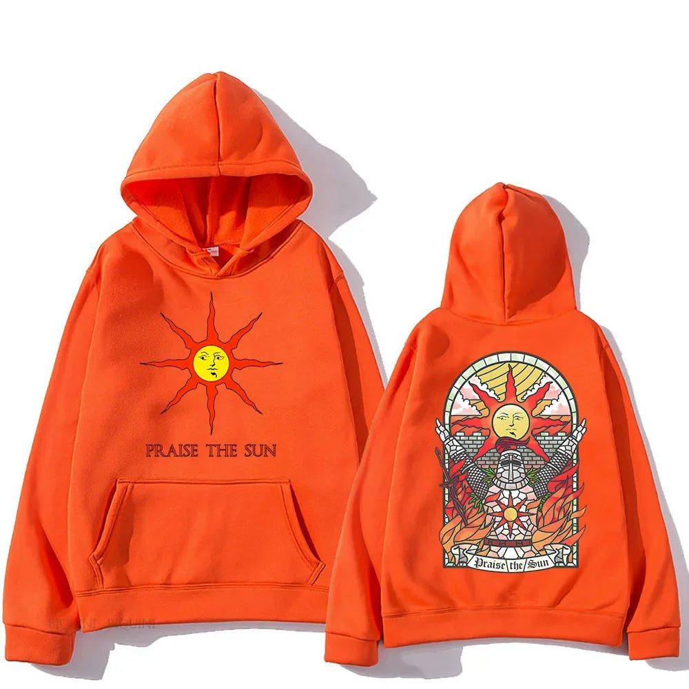 Vibrant orange dark souls praise hoodie with sun printed front text and stained glass sun armor design on back casual pullover autumn