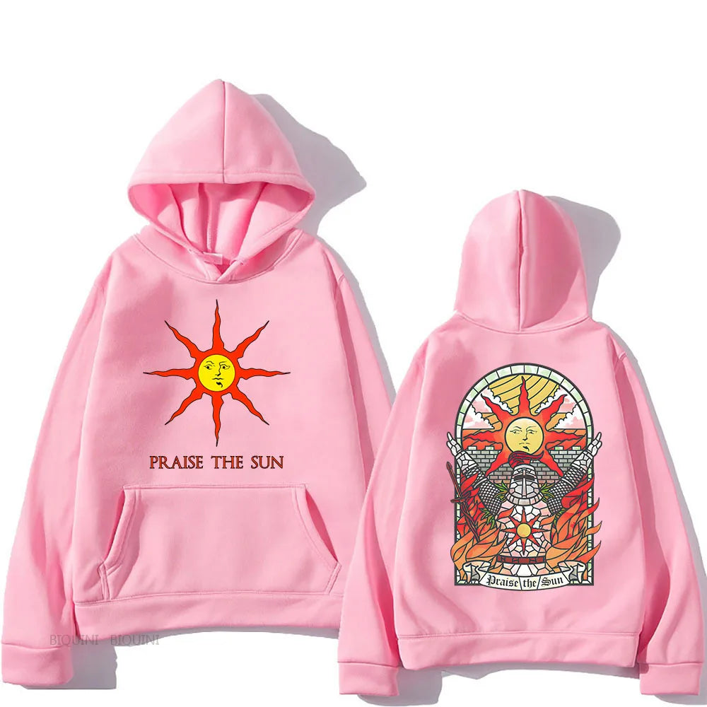 Pink dark souls praise sun printed hoodie with sun design front and stained-glass style sun armor back casual pullover autumn