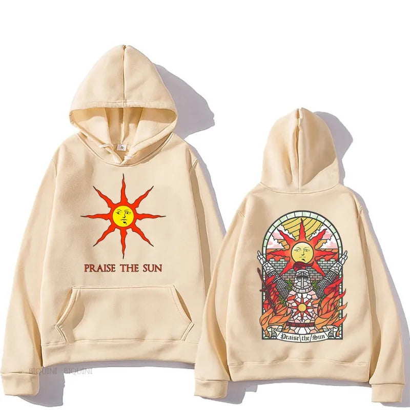 Cream-colored dark souls praise hoodies with sun printed front and stained-glass style back for casual pullover autumn wear