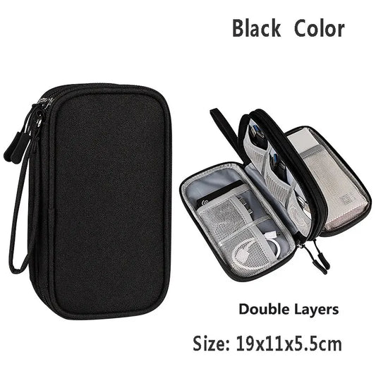Black double-layered waterproof portable carry bag travel organizer with mesh compartments and wrist strap for data cable storage