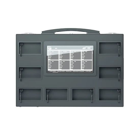 Dark gray rectangular data collection station automatic with central touchscreen and eight hooked recessed compartments for storage management audio recorder