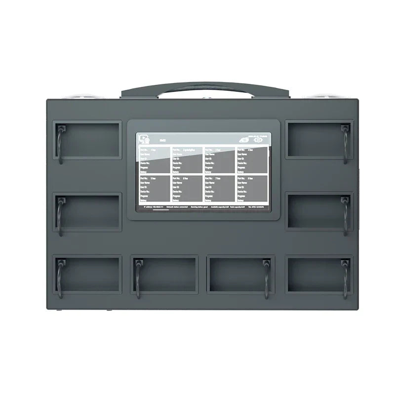 Dark gray rectangular data collection station with touchscreen and eight compartments for management audio recorder storage