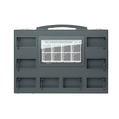 Dark gray rectangular data collection station with touchscreen and eight compartments for management audio recorder storage