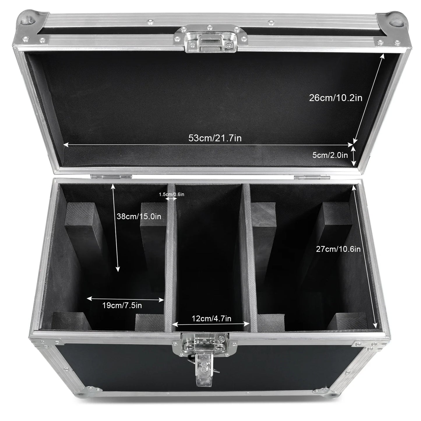 Silver aluminum airline case with black interior and custom foam for two 150w moving head light dj disco equipment