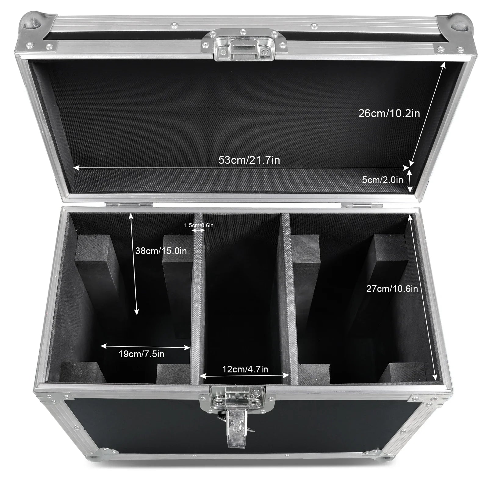 Silver aluminum airline case with black interior and custom foam for two 150w moving head light dj disco equipment