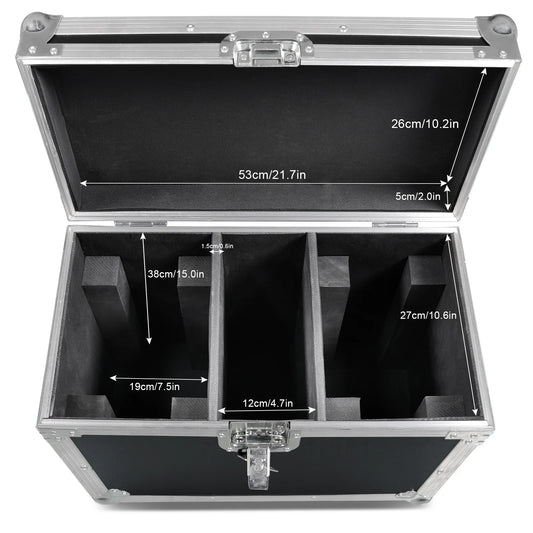 Silver aluminum airline case with black interior and custom foam for two 150w moving head light dj disco equipment