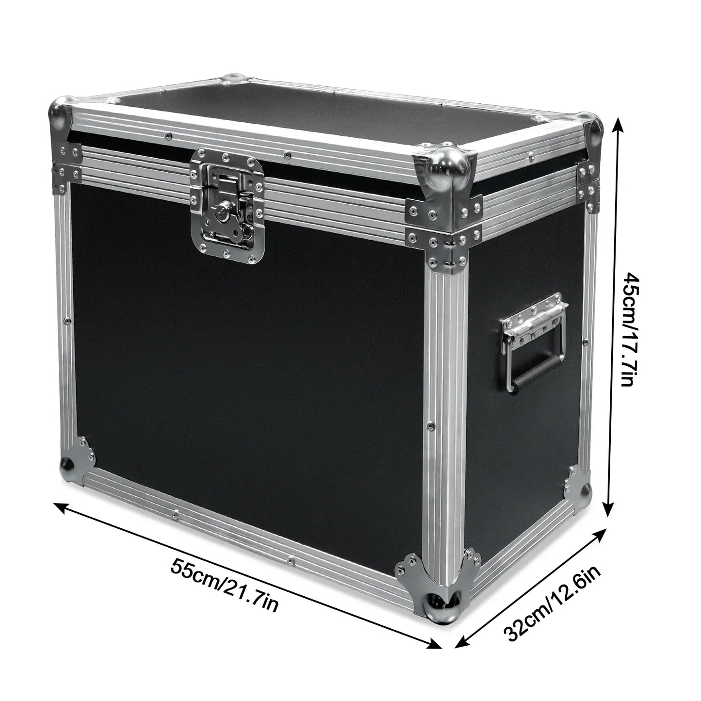 Black hard-shell flight case with silver aluminum framing for moving head light dj disco and airline case use