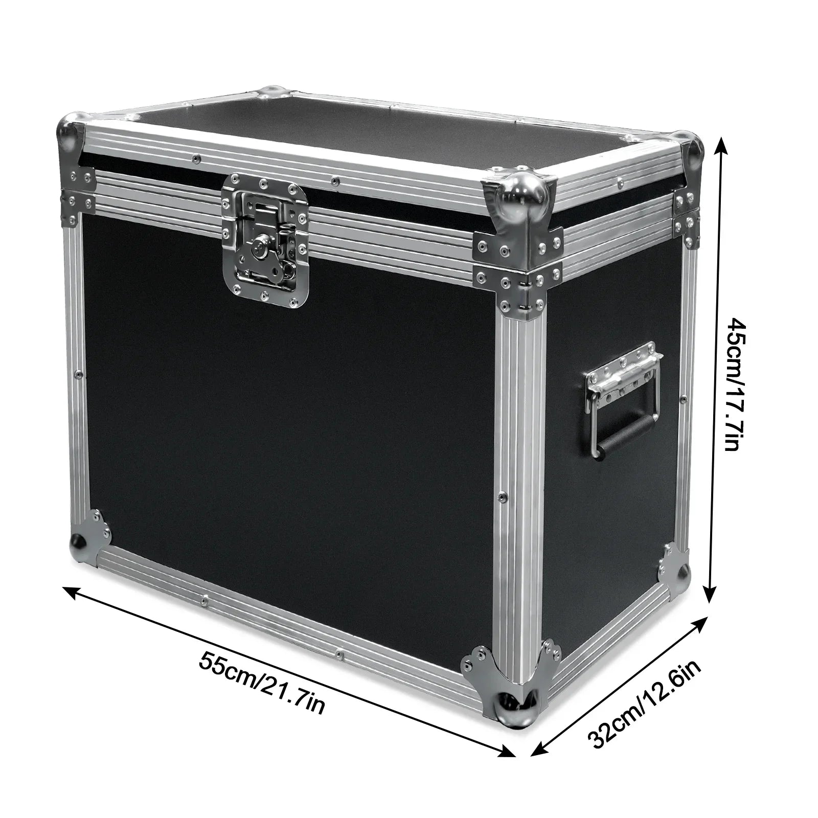 Black hard-shell flight case with silver aluminum framing for moving head light dj disco and airline case use