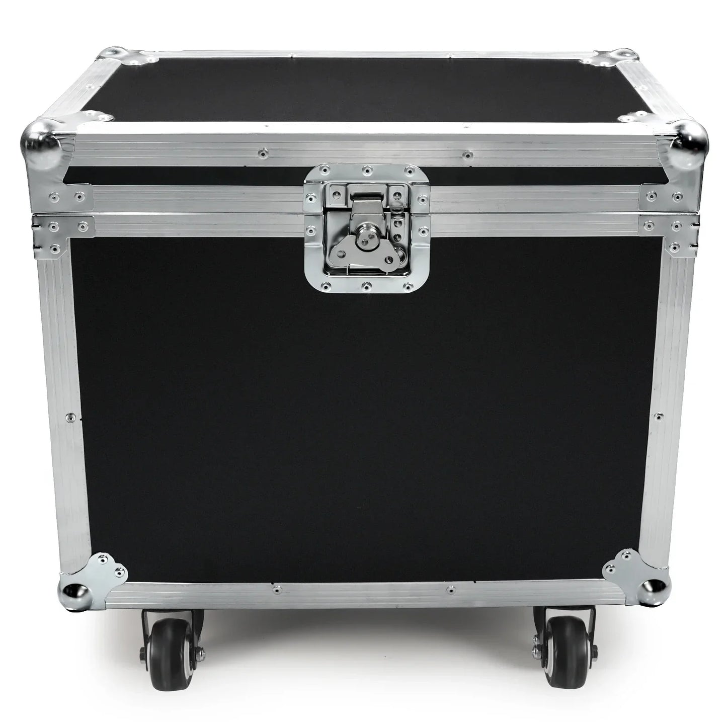 Black flight case with silver aluminum frame locking latches and caster wheels for moving head light dj disco airline case