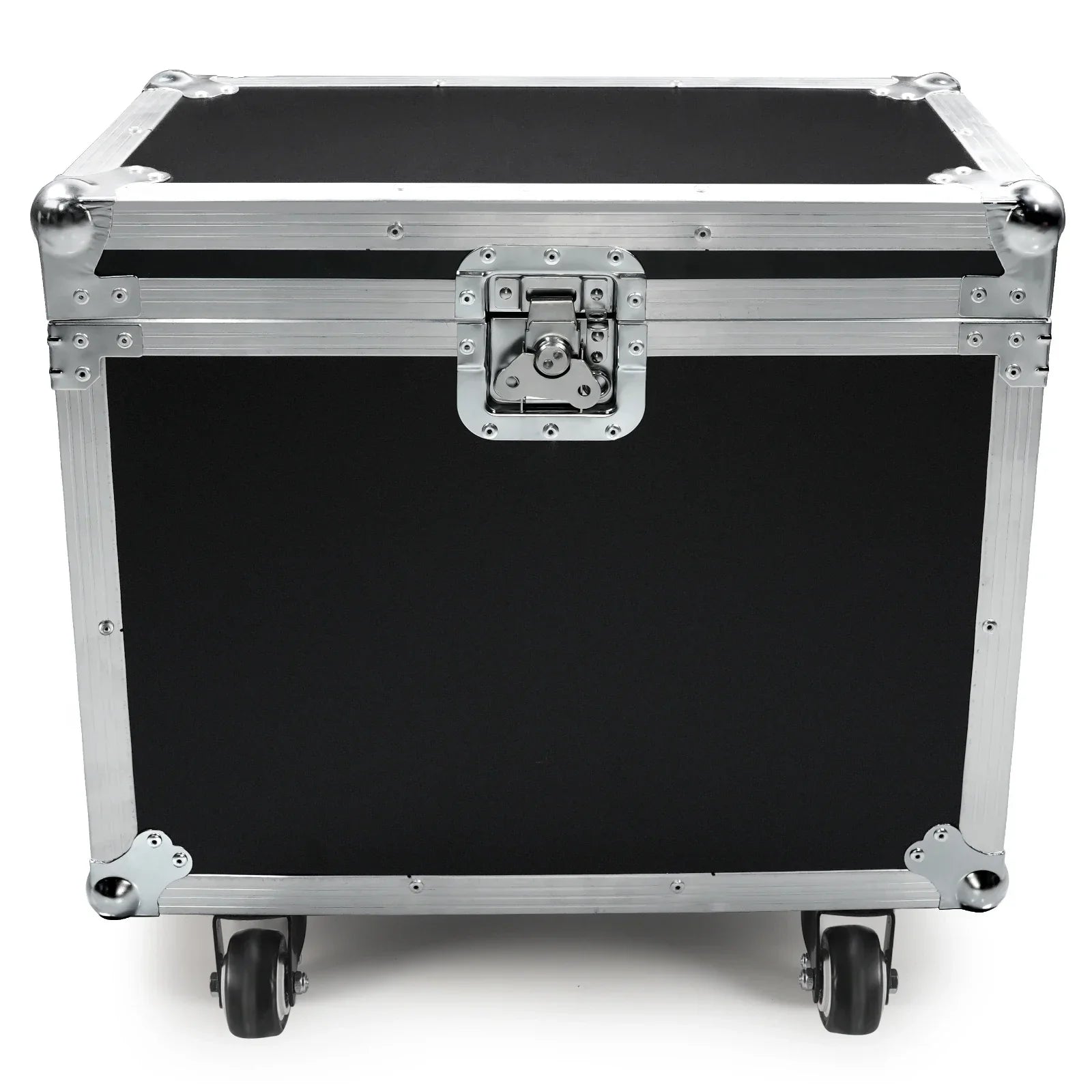 Black flight case with silver aluminum frame locking latches and caster wheels for moving head light dj disco airline case