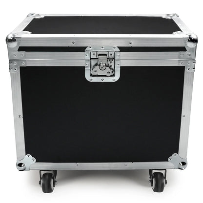 Black flight case with silver aluminum frame locking latches and caster wheels for moving head light dj disco airline case