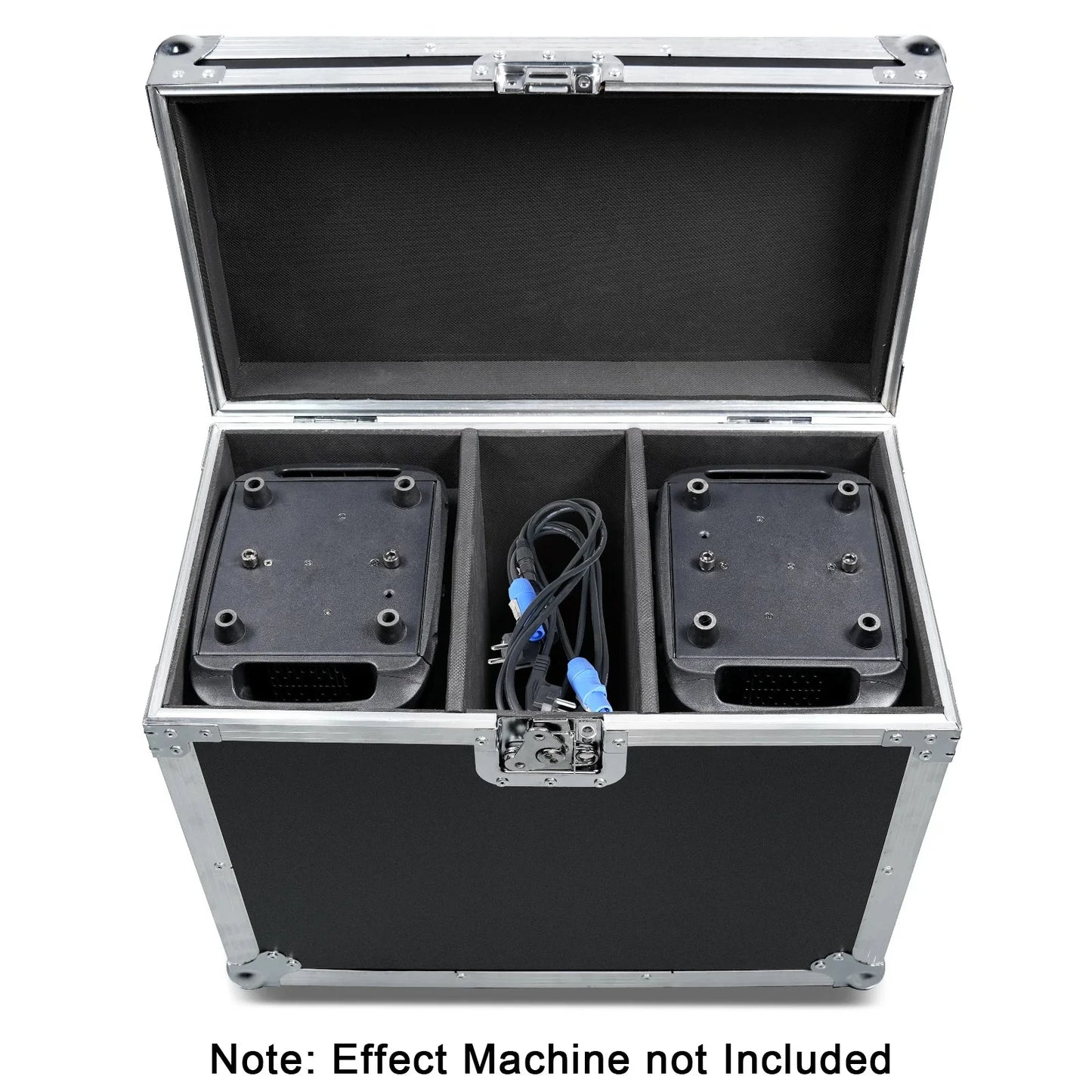 Black and silver datewink flight case with two black 150w led moving head light dj disco effect machines and blue connectors airline case