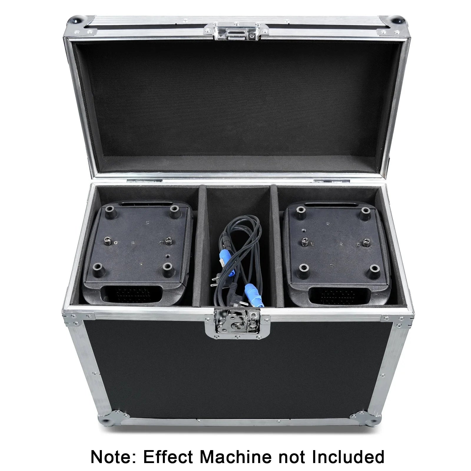 Black and silver datewink flight case with two black 150w led moving head light dj disco effect machines and blue connectors airline case