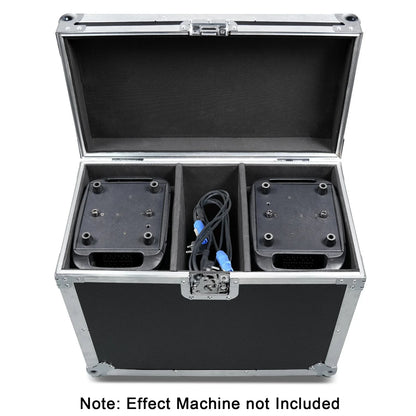 Black and silver datewink flight case with two black 150w led moving head light dj disco effect machines and blue connectors airline case