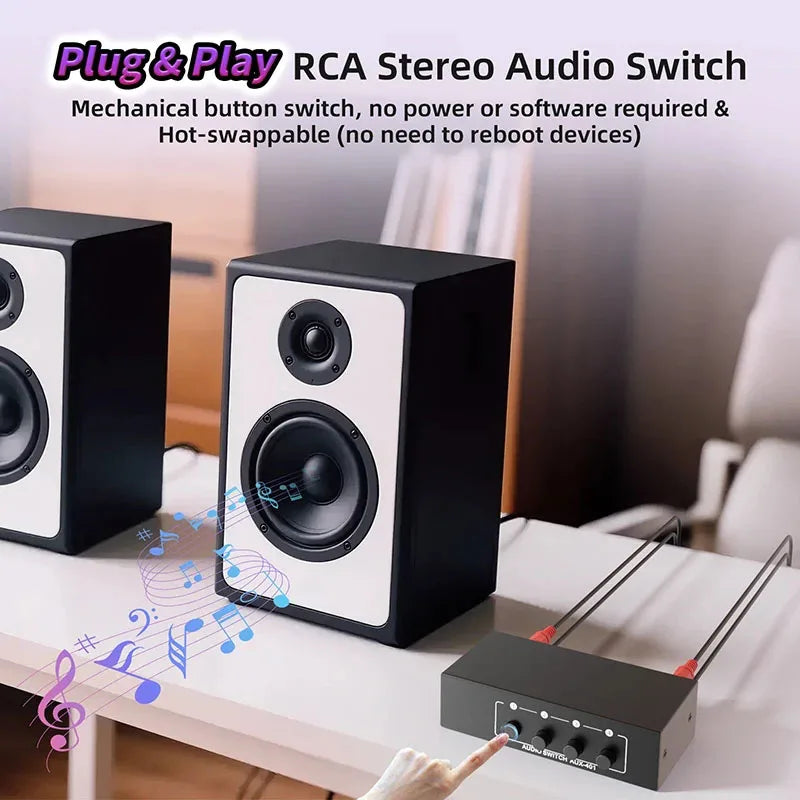 Stereo Audio Switch Selector 4-IN-1 Bi-direction Stereo RCA AUX Audio Switch A/B Splitter 3.5mm Aux L/R RCA 4X1 Audio Switch Box