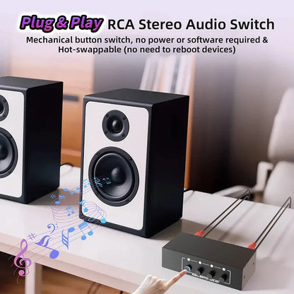 Stereo Audio Switch Selector 4-IN-1 Bi-direction Stereo RCA AUX Audio Switch A/B Splitter 3.5mm Aux L/R RCA 4X1 Audio Switch Box