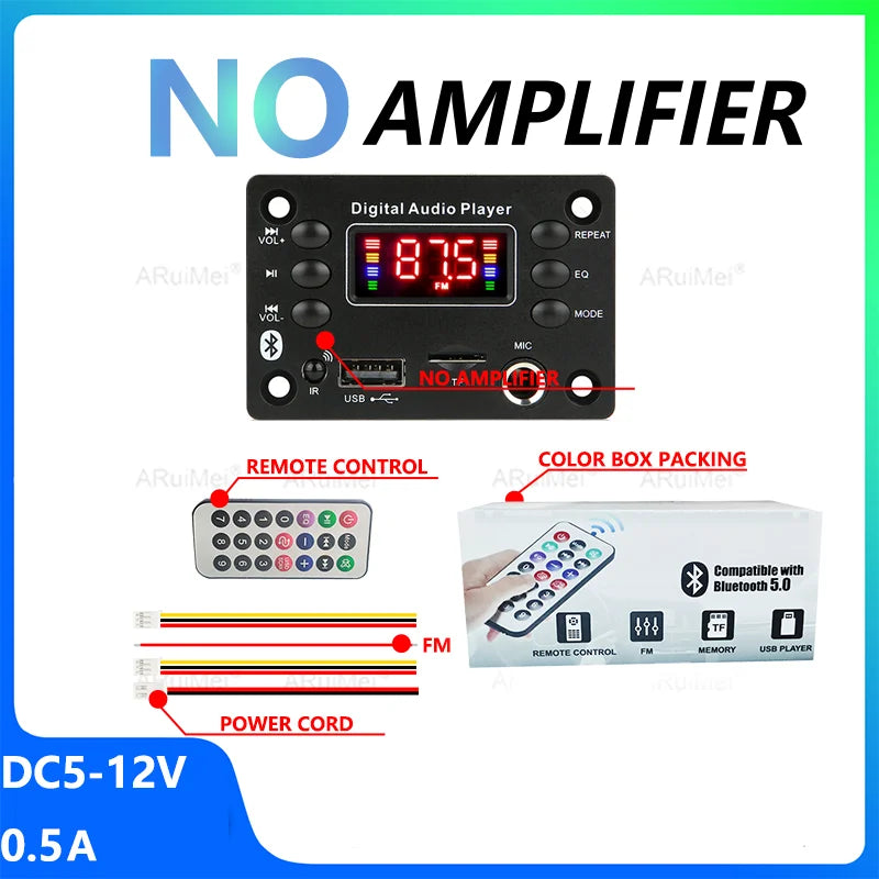 Black digital audio player with red led display and multiple buttons featuring bluetooth 5.0 usb input and ape decoder board for car audio microphone use