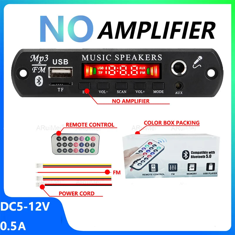 Black rectangular dc 12v bluetooth 5.0 ape decoder board car audio microphone usb tf fm radio mp3 player