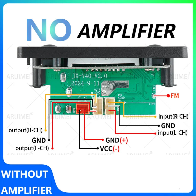 Black plastic housing over green circuit board showing labeled audio microphone usb and fm connections on ape decoder board back side