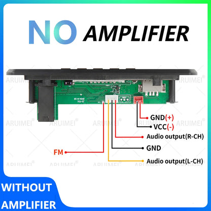 Black plastic ape decoder board with green circuit board and labeled fm power and stereo output for car audio microphone use