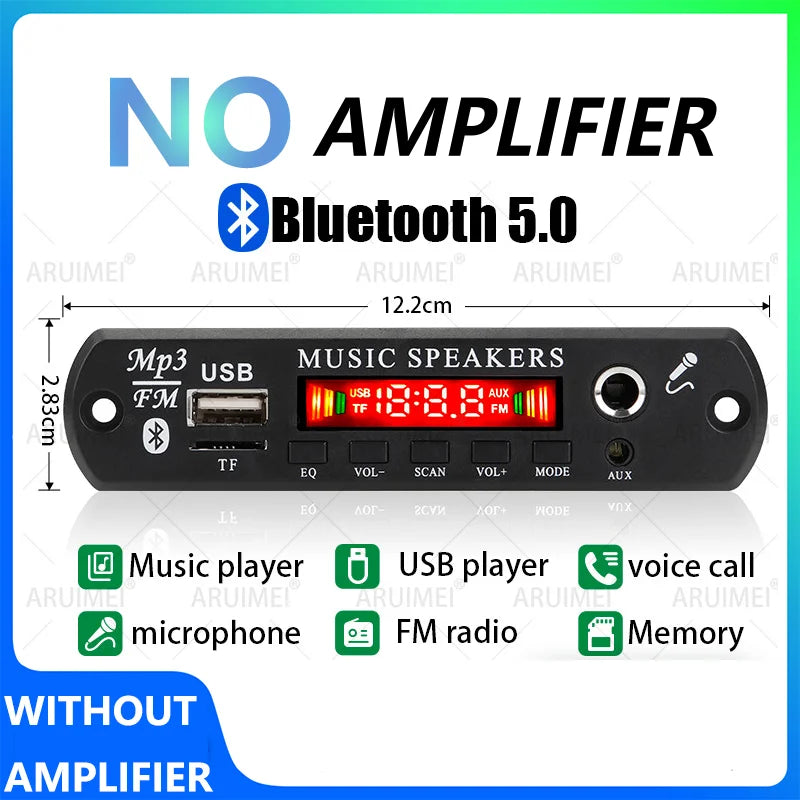 Black rectangular dc 12v bluetooth 5.0 ape decoder board with usb tf fm radio and car audio microphone inputs