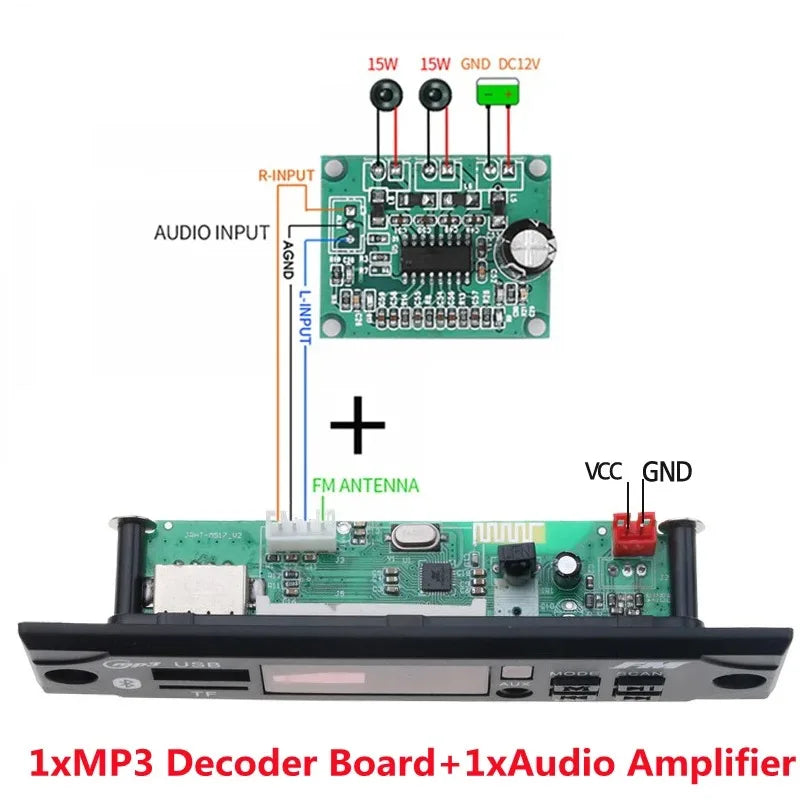 Green circuit board module car kit with bluetooth 5.0 wireless mp3 music aux module car input output ports labeled