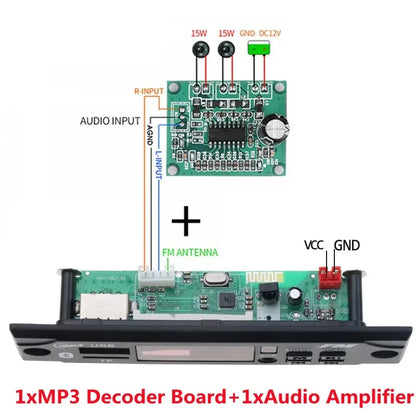 Green circuit board module car kit with bluetooth 5.0 wireless mp3 music aux module car input output ports labeled