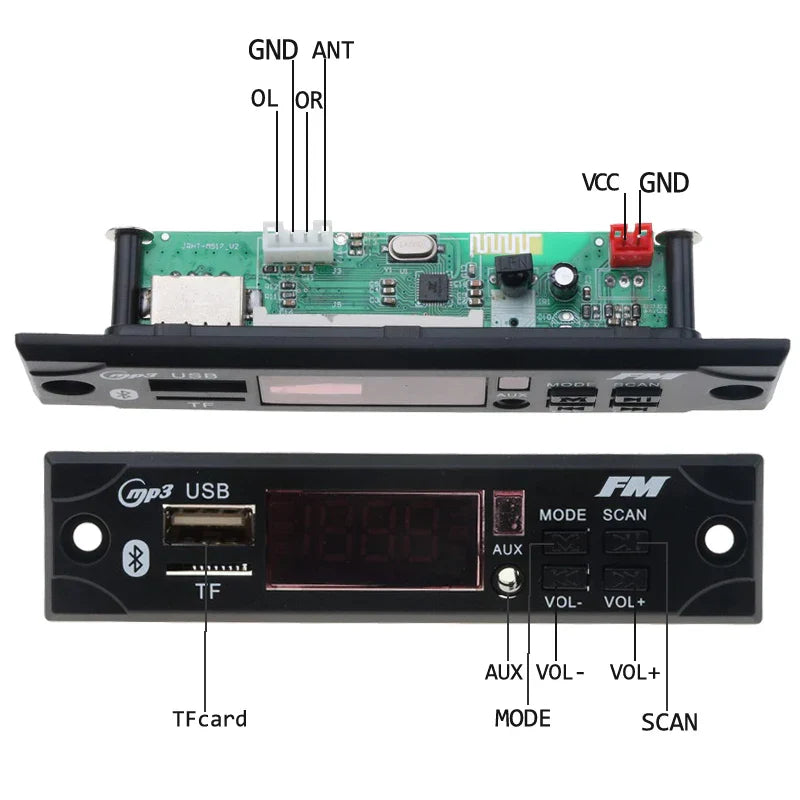 Black car audio receiver with usb tf aux inputs fm tuning buttons volume controls digital display wireless mp3 music module car kit
