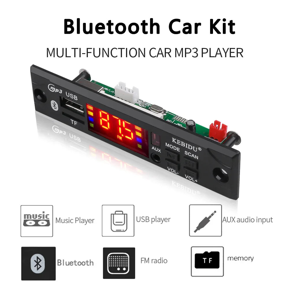 Black plastic wireless mp3 music aux module car kit with red led display and multiple input ports for 12v dc use