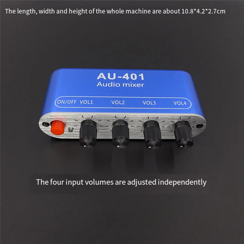 Blue au-401 stereo audio mixer with silver metal knobs and orange power switch for diy headphones amplifier use