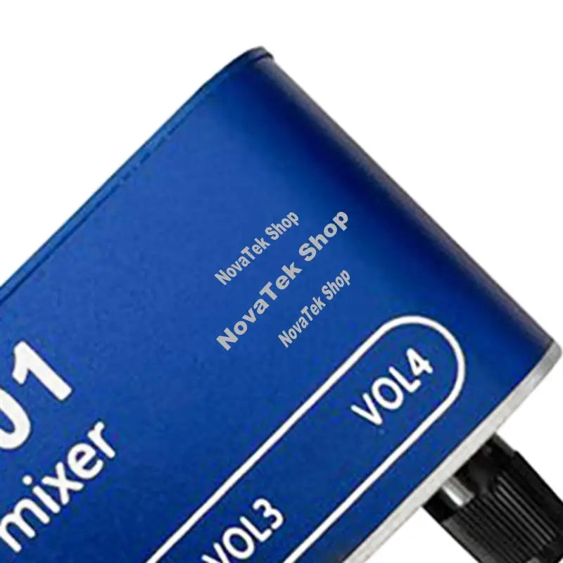 Blue rectangular stereo audio mixer with white labeling and volume control knobs for diy headphones amplifier use