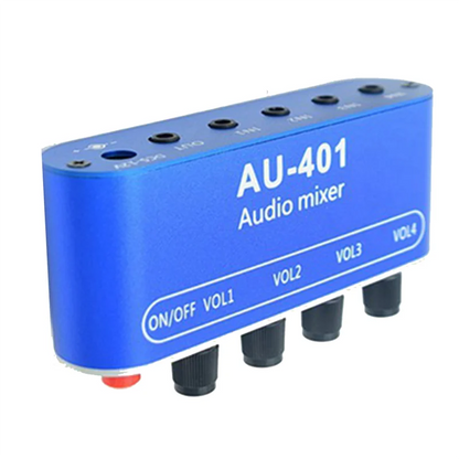 Blue au-401 stereo audio mixer with black knobs and red power button for diy headphones amplifier and sound mixing