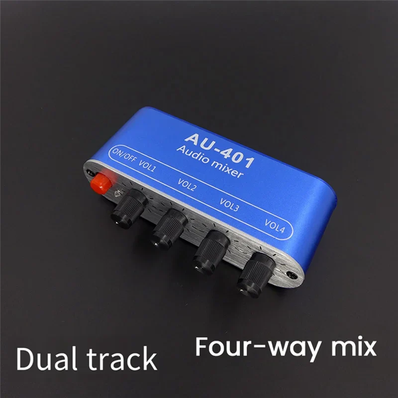 Blue au-401 stereo audio mixer with black knobs and orange power switch for diy headphones amplifier use
