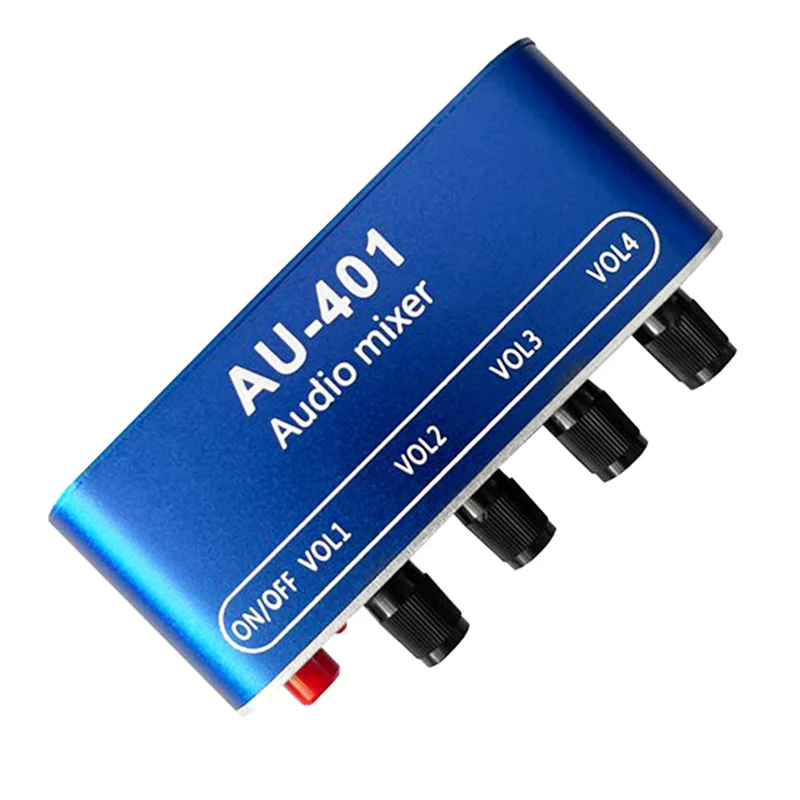 Blue au-401 stereo audio mixer with black volume knobs and red power switch for diy headphones amplifier use