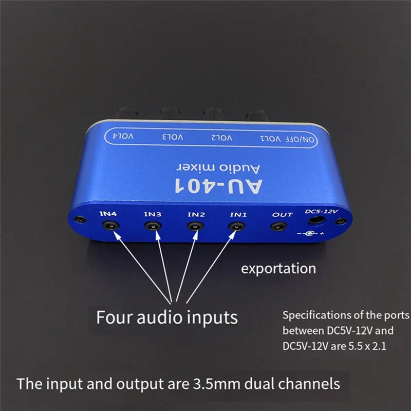 Blue au-401 stereo audio mixer with four 3.5mm inputs and one output, metallic finish, for diy headphones amplifier use