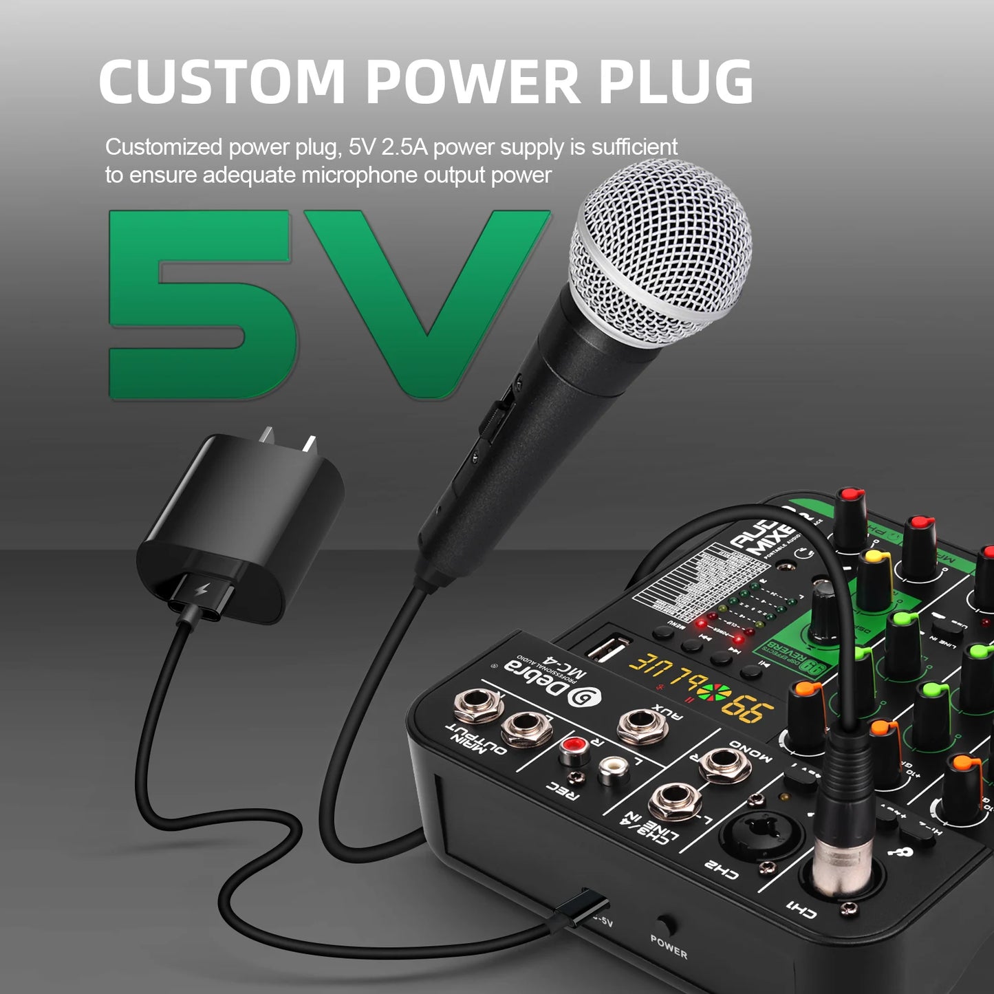 Debra MC4 Mixing Console, 99 DSP reverb effects, Bluetooth 5.0, 48V phantom power, ideal for DJ mixing and weddings