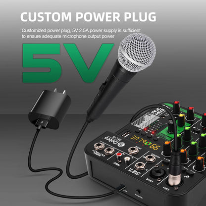 Debra MC4 Mixing Console, 99 DSP reverb effects, Bluetooth 5.0, 48V phantom power, ideal for DJ mixing and weddings