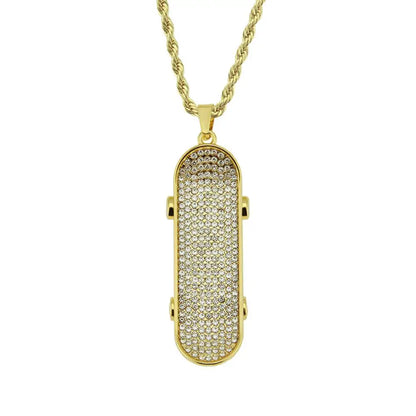 Hip Hop Full Rhinestones Paved Bling Iced Out Skateboard Pendants Necklace for Men Rapper Jewelry Gold Silver Color