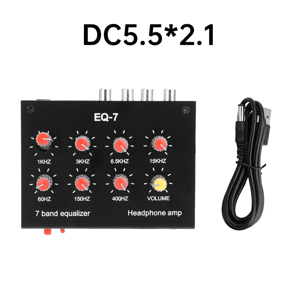 Black eq-7 7-band audio signal preamplifier with red and yellow knobs for band equalizer adjust and computer headphone amplifier