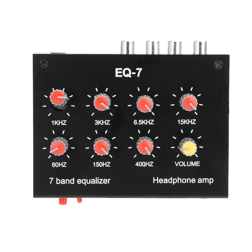 Black eq-7 7 band audio signal preamplifier with red and yellow knobs for band equalizer adjust and computer headphone amplifier